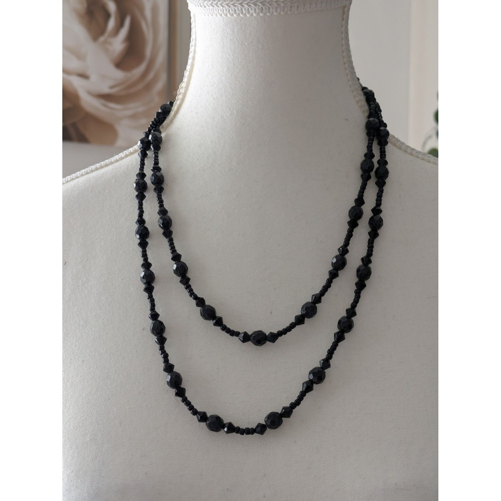 Vintage Multi Layer Beaded Necklace Faceted Black Glass Beads Long Wrapped